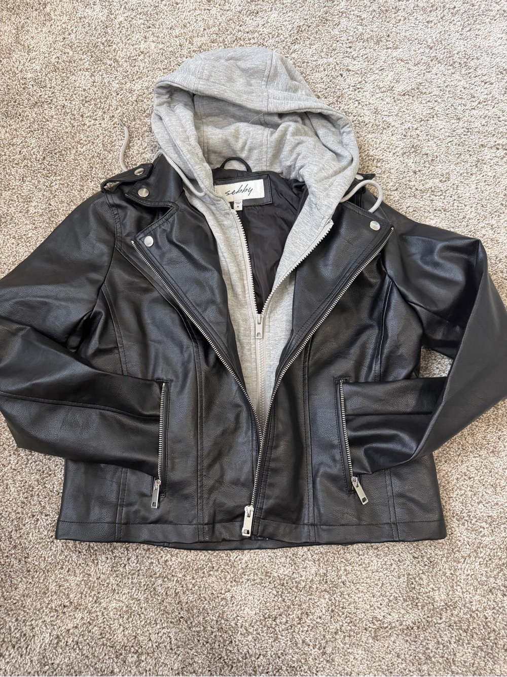 Sebby Black Faux Leather Moto Jacket with Gray Hooded Insert